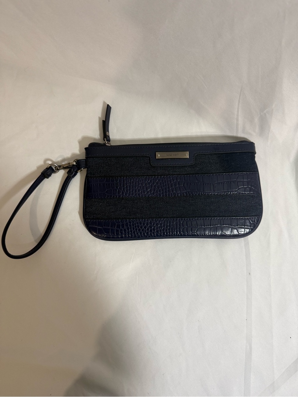 Nine West Navy Croc-Embossed Wristlet with Black Accents